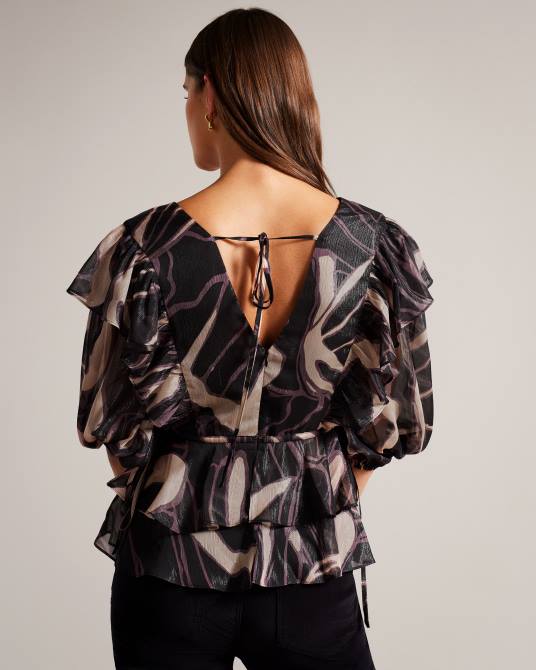 Ted Baker mujer 2ZFP48 ropa Top con cuello en V y volantes con lazo en la cintura de Jasmyna negro