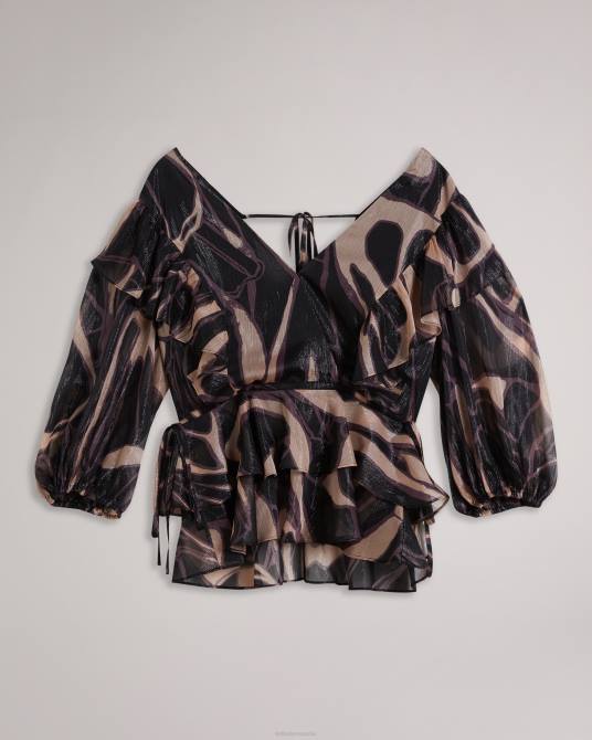 Ted Baker mujer 2ZFP48 ropa Top con cuello en V y volantes con lazo en la cintura de Jasmyna negro