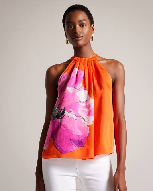 Ted Baker mujer 2ZFP5 ropa milenaa top floral plisado con cuello halter naranja brillante