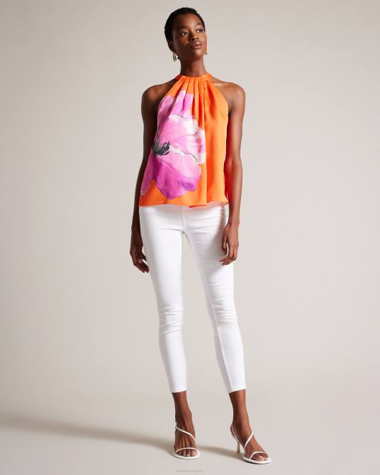Ted Baker mujer 2ZFP5 ropa milenaa top floral plisado con cuello halter naranja brillante