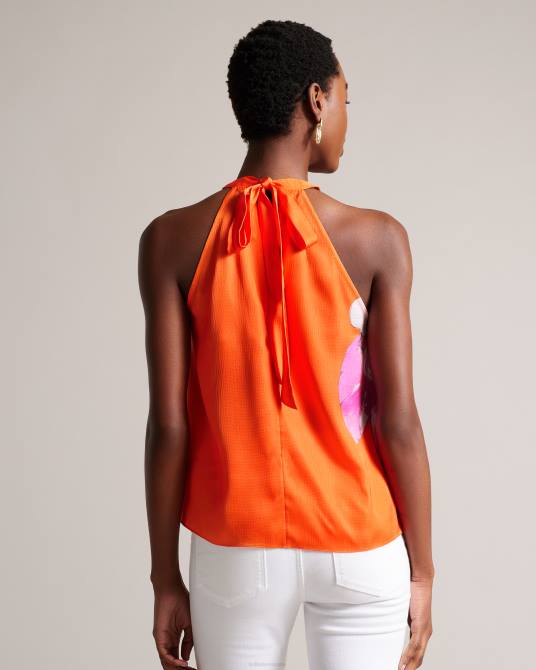 Ted Baker mujer 2ZFP5 ropa milenaa top floral plisado con cuello halter naranja brillante