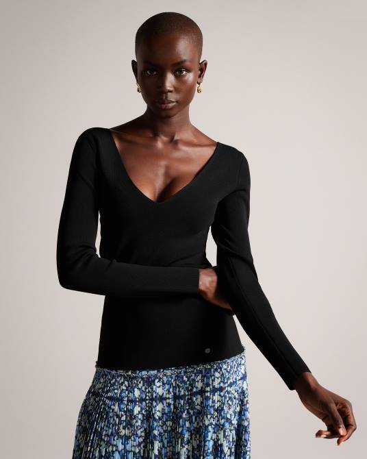 Ted Baker mujer 2ZFP381 ropa top de punto ajustado con cuello en V cileste negro