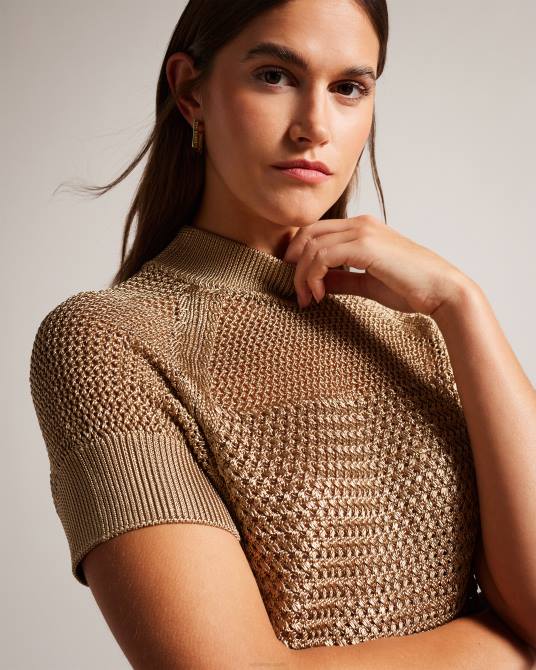 Ted Baker mujer 2ZFP238 ropa top de manga corta con punto de cesta abaly marrón-bronceado