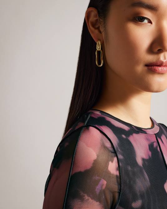 Ted Baker mujer 2ZFP414 ropa aleeina top de malla con estampado abstracto y manga larga negro