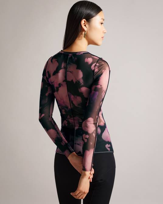 Ted Baker mujer 2ZFP414 ropa aleeina top de malla con estampado abstracto y manga larga negro