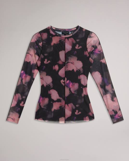 Ted Baker mujer 2ZFP414 ropa aleeina top de malla con estampado abstracto y manga larga negro