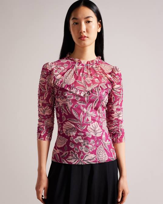 Ted Baker mujer 2ZFP87 ropa top de malla estampado izabelo con volantes Rosa brillante