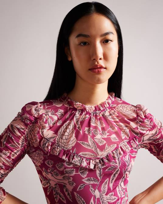 Ted Baker mujer 2ZFP87 ropa top de malla estampado izabelo con volantes Rosa brillante