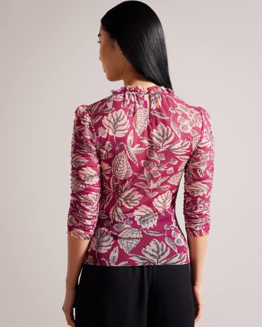 Ted Baker mujer 2ZFP87 ropa top de malla estampado izabelo con volantes Rosa brillante
