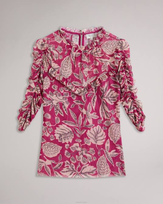 Ted Baker mujer 2ZFP87 ropa top de malla estampado izabelo con volantes Rosa brillante