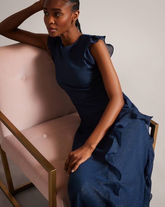 Ted Baker mujer 2ZFP235 ropa Vestido largo con corte al bies y detalle de volantes de Laurae azul oscuro