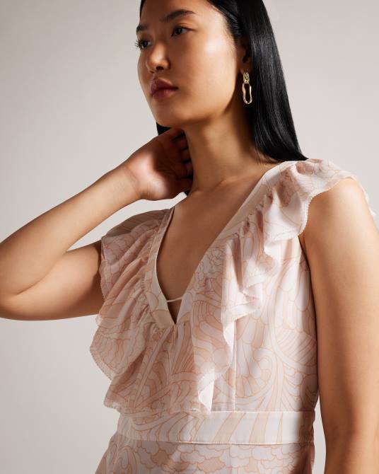 Ted Baker mujer 2ZFP347 ropa vestido largo con detalle de volantes y cachemira Sheriil desnudo claro