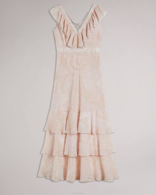 Ted Baker mujer 2ZFP347 ropa vestido largo con detalle de volantes y cachemira Sheriil desnudo claro