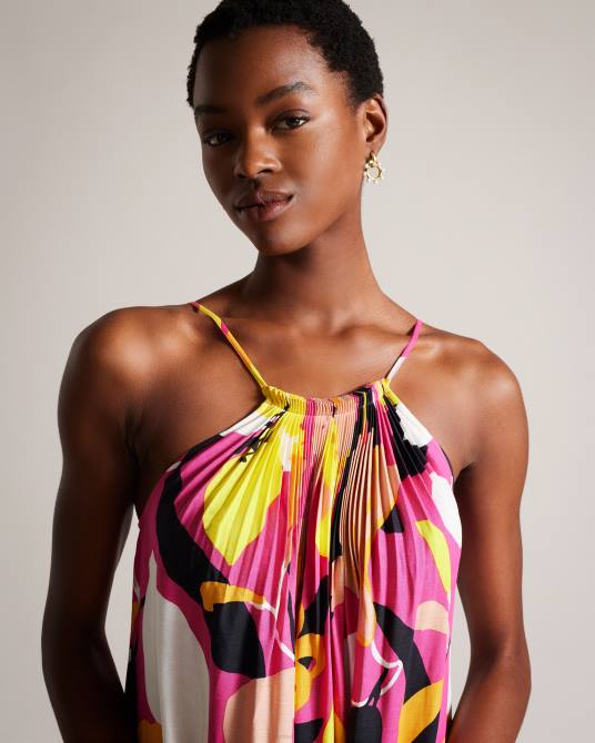 Ted Baker mujer 2ZFP350 ropa vestido largo plisado con estampado abstracto de Ikella Rosa brillante