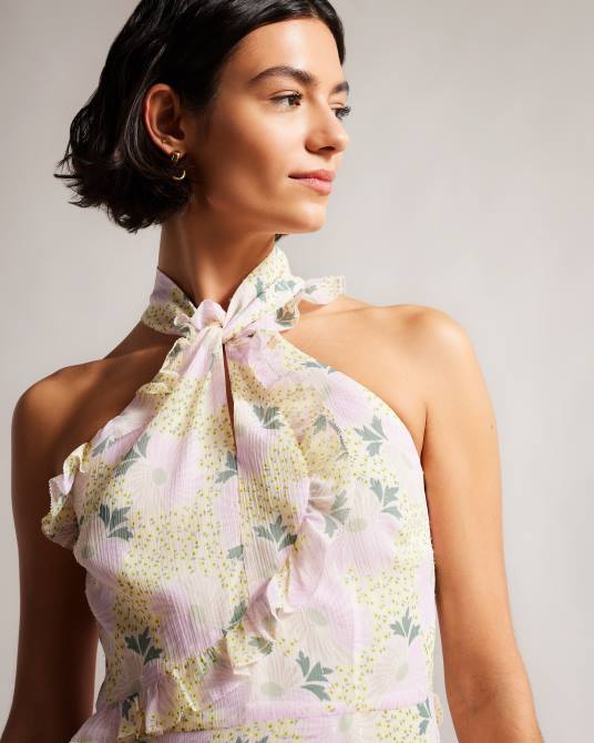 Ted Baker mujer 2ZFP12 ropa vestido corto con cuello retorcido y detalle de volantes Suttonn amarillo claro