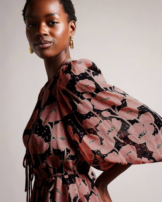 Ted Baker mujer 2ZFP205 ropa vestido corto Priana con estampado de amapolas y lazo en la parte delantera negro