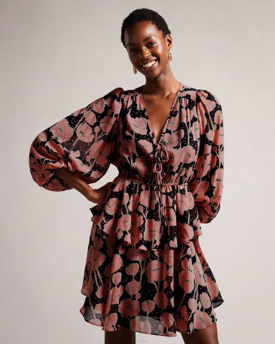 Ted Baker mujer 2ZFP205 ropa vestido corto Priana con estampado de amapolas y lazo en la parte delantera negro