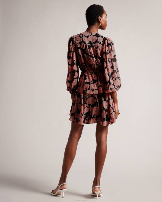 Ted Baker mujer 2ZFP205 ropa vestido corto Priana con estampado de amapolas y lazo en la parte delantera negro