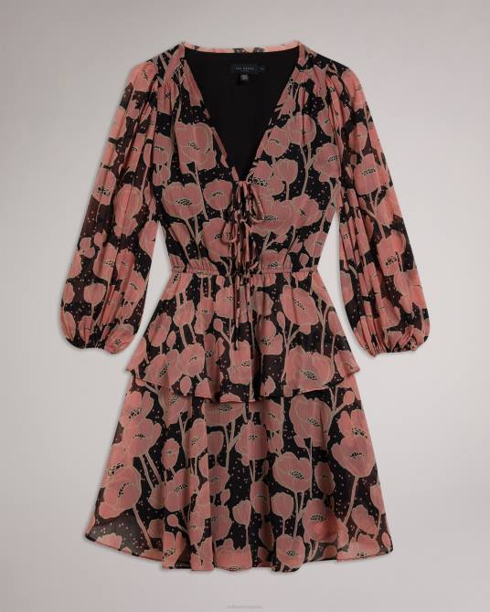 Ted Baker mujer 2ZFP205 ropa vestido corto Priana con estampado de amapolas y lazo en la parte delantera negro