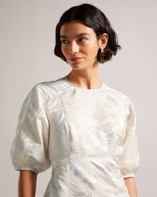 Ted Baker mujer 2ZFP229 ropa vestido corto Alannah de jacquard con mangas abullonadas natural