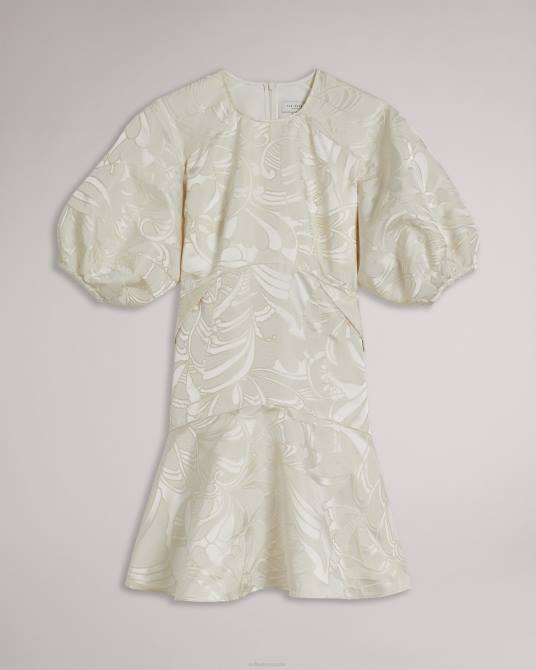 Ted Baker mujer 2ZFP229 ropa vestido corto Alannah de jacquard con mangas abullonadas natural