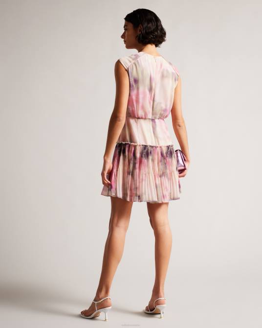 Ted Baker mujer 2ZFP24 ropa Amorita minivestido sin mangas con cintura floral borrosa coral