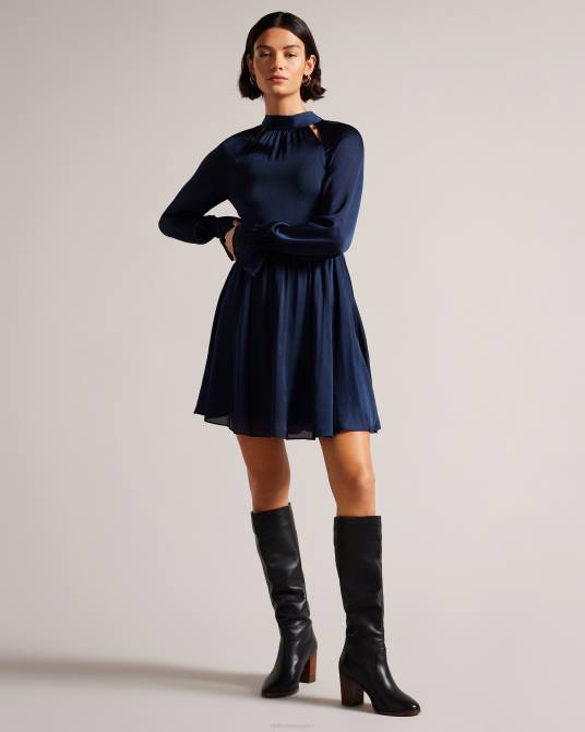Ted Baker mujer 2ZFP56 ropa vestido corto ajustado y de vuelo con cuello alto ryaa azul oscuro