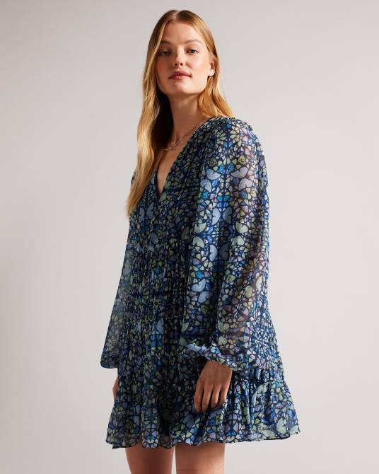 Ted Baker mujer 2ZFP74 ropa vestido corto con vuelo y capas rohzan azul medio