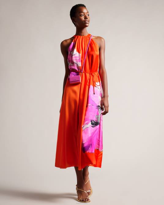 Ted Baker mujer 2ZFP2 ropa vestido midi con vuelo y cuello halter Immia naranja brillante