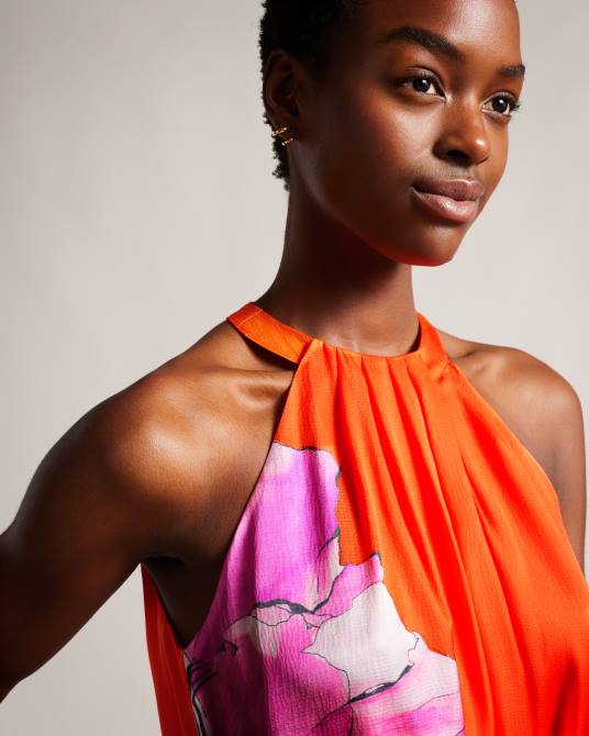 Ted Baker mujer 2ZFP2 ropa vestido midi con vuelo y cuello halter Immia naranja brillante