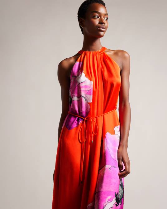 Ted Baker mujer 2ZFP2 ropa vestido midi con vuelo y cuello halter Immia naranja brillante