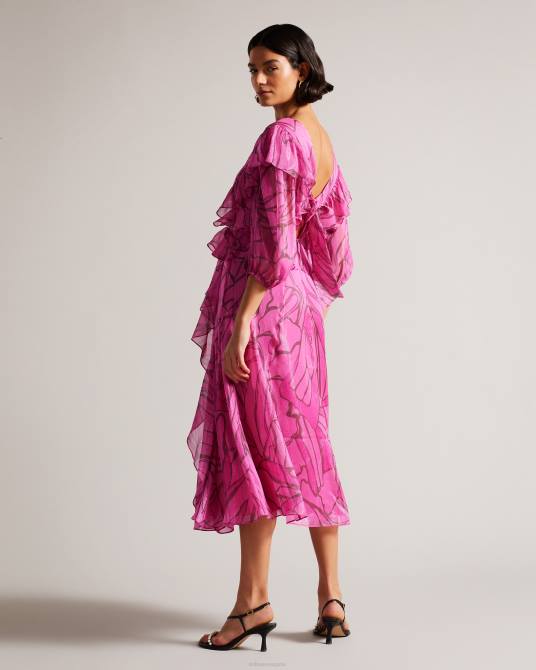 Ted Baker mujer 2ZFP62 ropa vestido estilo pichi con estampado abstracto y volantes victoir Rosa brillante