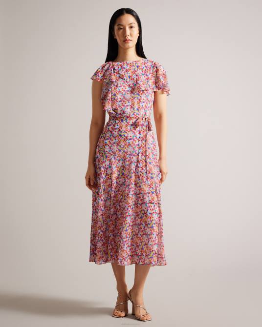 Ted Baker mujer 2ZFP6 ropa Priiyah vestido de tarde midaxi con cinturón y volantes blanco