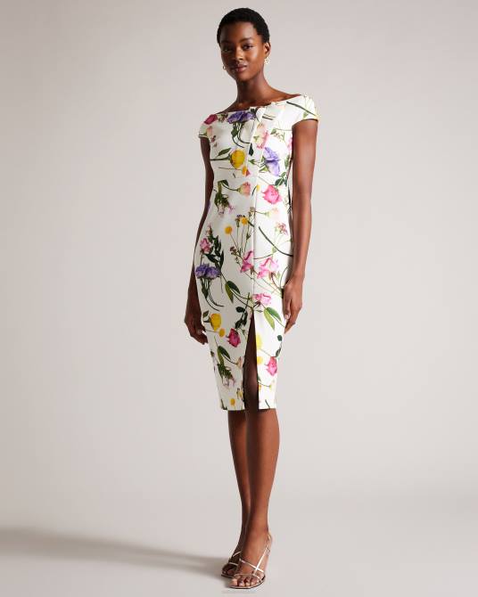 Ted Baker mujer 2ZFP171 ropa vestido ajustado con escote Bardot y estampado floral de Loveina blanco
