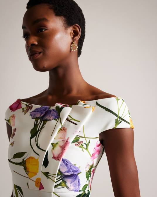 Ted Baker mujer 2ZFP171 ropa vestido ajustado con escote Bardot y estampado floral de Loveina blanco