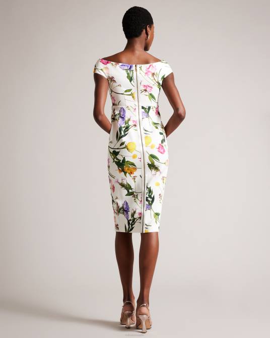 Ted Baker mujer 2ZFP171 ropa vestido ajustado con escote Bardot y estampado floral de Loveina blanco