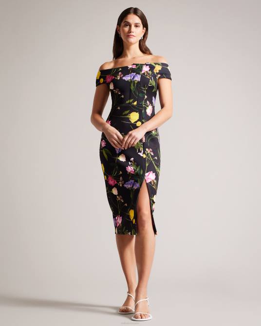 Ted Baker mujer 2ZFP172 ropa vestido ajustado con escote Bardot y estampado floral de Loveina negro