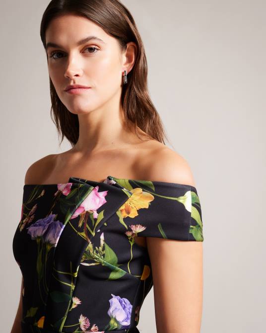 Ted Baker mujer 2ZFP172 ropa vestido ajustado con escote Bardot y estampado floral de Loveina negro