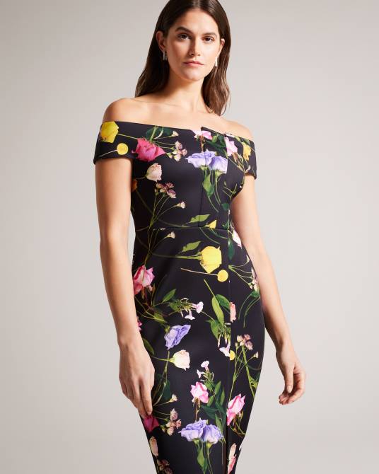 Ted Baker mujer 2ZFP172 ropa vestido ajustado con escote Bardot y estampado floral de Loveina negro