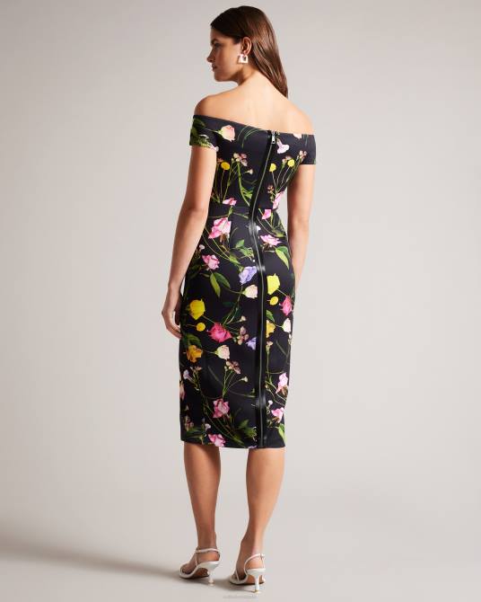 Ted Baker mujer 2ZFP172 ropa vestido ajustado con escote Bardot y estampado floral de Loveina negro