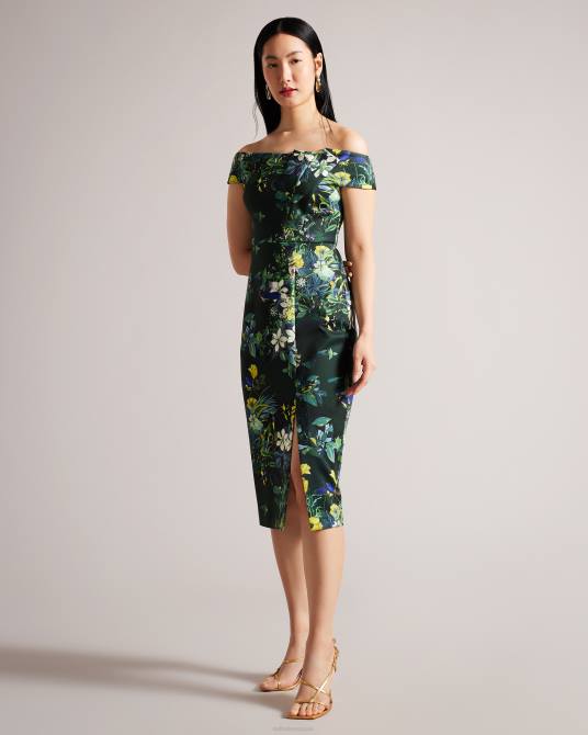 Ted Baker mujer 2ZFP215 ropa vestido ajustado con escote bardot plisado y flores divena verde oscuro