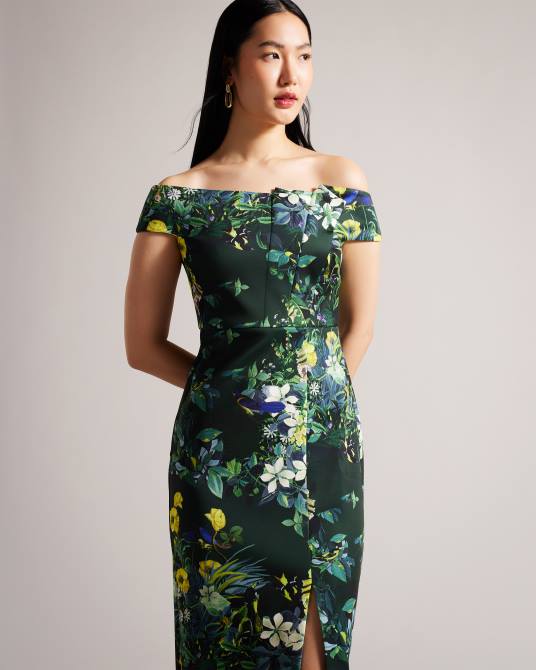 Ted Baker mujer 2ZFP215 ropa vestido ajustado con escote bardot plisado y flores divena verde oscuro