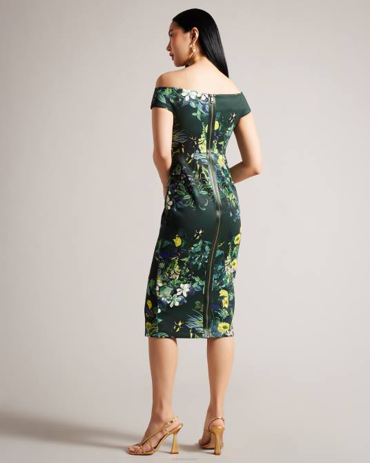 Ted Baker mujer 2ZFP215 ropa vestido ajustado con escote bardot plisado y flores divena verde oscuro