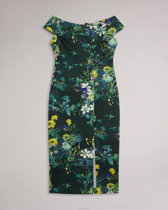 Ted Baker mujer 2ZFP215 ropa vestido ajustado con escote bardot plisado y flores divena verde oscuro