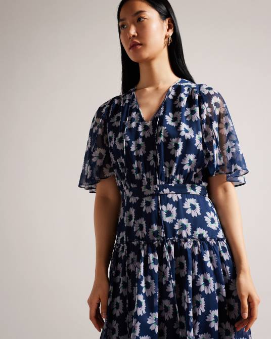 Ted Baker mujer 2ZFP151 ropa vestido midi marllee con estampado floral y capas azul marino oscuro