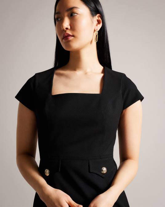 Ted Baker mujer 2ZFP162 ropa vestido midi militar con cuello cuadrado josiaad negro