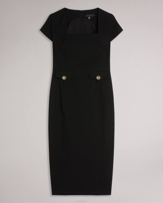 Ted Baker mujer 2ZFP162 ropa vestido midi militar con cuello cuadrado josiaad negro
