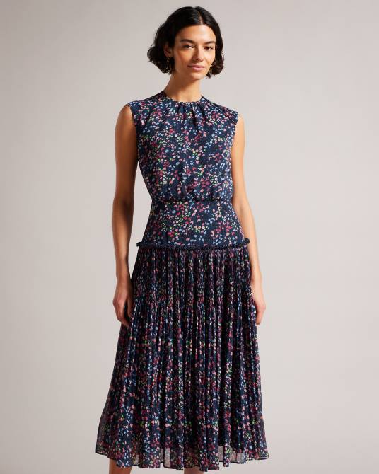 Ted Baker mujer 2ZFP176 ropa vestido midi sin mangas con estampado de corazones corales azul marino oscuro