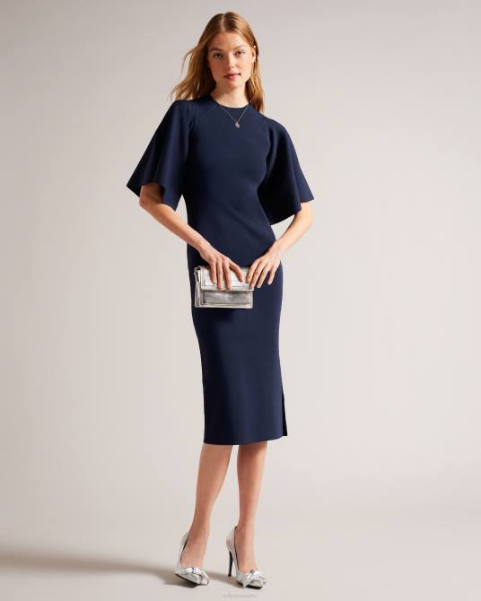 Ted Baker mujer 2ZFP187 ropa vestido midi ajustado de punto con mangas acampanadas lounia azul oscuro