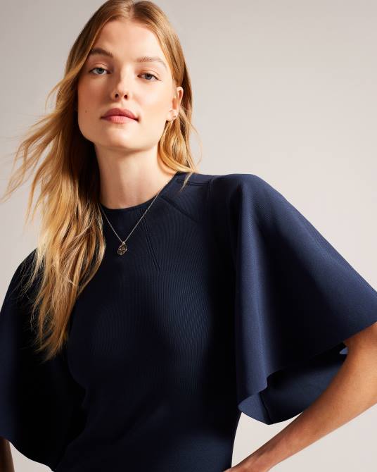 Ted Baker mujer 2ZFP187 ropa vestido midi ajustado de punto con mangas acampanadas lounia azul oscuro